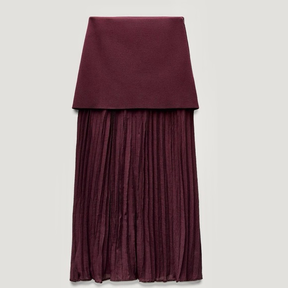 Zara NWT burgundy drop waist double layered underlay mixed pleated knit skirt - Picture 11 of 15